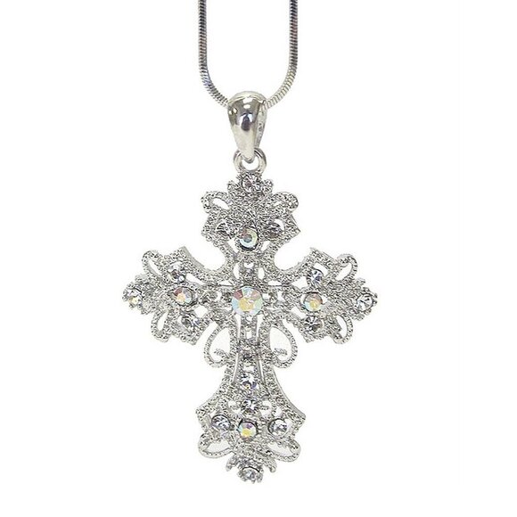 Girls Ladies Ornate Vintage Cross Aurora Borealis Clear Crystal Pendant Necklace - Picture 1 of 3